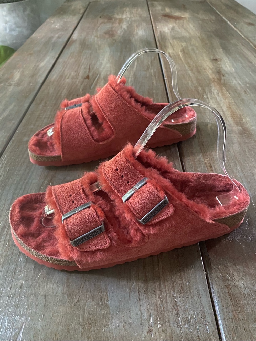 Birkenstock Arizona Shearling Suede Fur Lined Buckle Sandals Womens 9 260 Coral - Picture 4 of 12